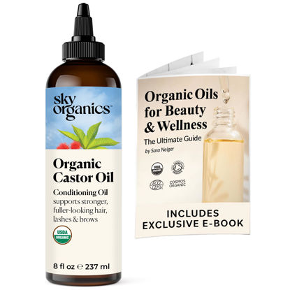 Picture of Sky Organics Organic Castor Oil, 100% Pure, Hexane Free, Cold-Pressed to Support Stronger, Fuller-Looking Hair, Eyelashes & Eyebrows,Good for Castor Packs, Navel Oiling, Carrier Oil Use, 8 fl oz