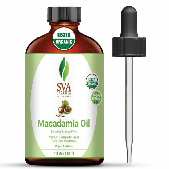 Picture of SVA Macadamia Seed Oil Organic - 4 Fl Oz - 100% Natural Cold Pressed Organic Macadamia Oil - for Face, Skin Care, Hair Care, Scalp Massage & Body Massage - Carrier Oil with Dropper