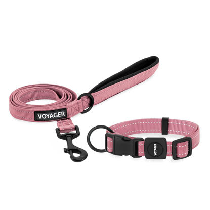 Picture of Voyager Reflective Dog Leash Collar Set with Neoprene Handle Supports Small, Medium, and Large Breed Puppies, Cute and Heavy Duty for Walking, Running, and Training - Pink, S