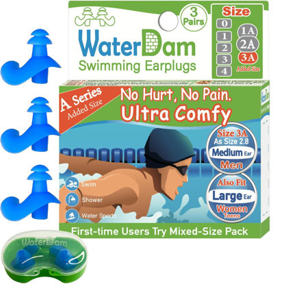 Picture of WaterDam A-Series Swimming Ear Plugs Ultra Comfy Great Waterproof Earplugs (Size 3A, Size 3A+3A+3A: Medium Ear Men & Large Ear Teens&Women (Blue Blue Blue))