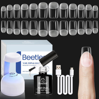 Picture of Beetles Gel Nail Kit Easy Nail Extension Set 504Pcs Pre Filed Half Matte Short Square Soft Etch X Gel Nail Tips with 5 in 1 Nail Glue Gel Base Gel Uv Led Nail Lamp Acrylic Nail Tips Kit Gifts for Her