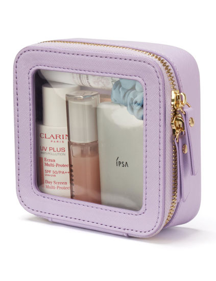 Picture of Small Cosmetic Bag for Purse Mini Makeup Bag for School Cute Clear Make Up Pouch for Travel Tiny Leather Purple Make Up Organizer Case for Backpack Toiletry Bag Waterproof Square Pouch with Zipper