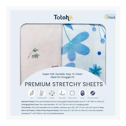 Picture of TotAha Premium Stretchy Pack N Play Playard Sheets | Mini Crib Sheets (2-Pack)-Hypoallergenic, Silky Comfort, AButtery Soft, Calming Effect, All-Season Jersey-Knit (Blue Flower & Small Floral)