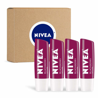 Picture of NIVEA Lip Balm, Blackberry Flavored Tinted Lip Balm Stick with Shea Butter and Jojoba Oil, 0.17 Oz, Pack of 4