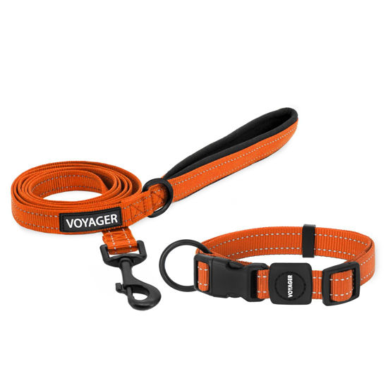 Picture of Voyager Reflective Dog Leash Collar Set with Neoprene Handle Supports Small, Medium, and Large Breed Puppies, Cute and Heavy Duty for Walking, Running, and Training - Orange, S