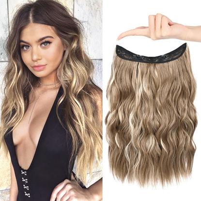 Picture of HOOJIH Wire Hair Extensions with 2 Removable Clips 20 Inch Wavy Curly Hair Invisiable Transparent Wire Extensions Hairpieces for Women - Light Neutral Brown with Cool Light Blonde