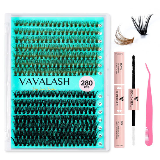 Picture of VAVALASH Color Lash Clusters Kit 280Pcs Black Brown Mix Cluster Lashes Wispy DIY Fluffy Individual Lashes, Lash Bond and Seal, Lash Tweezer for DIY at Home (40D-0.07-D-10-16mm KIT)