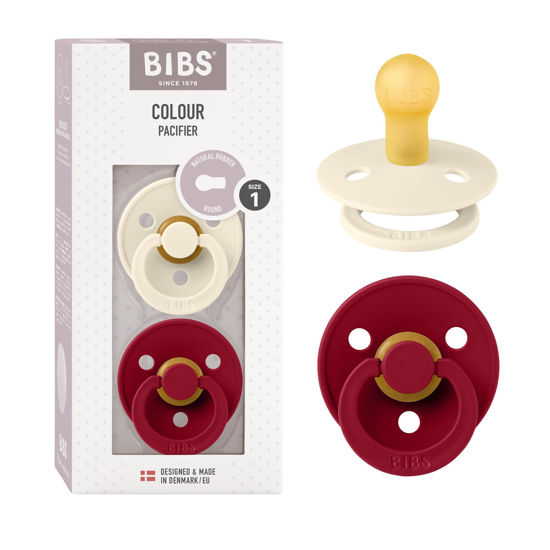 Picture of BIBS Colour Baby Pacifier 2-Pack | Made in Denmark | BPA Free Dummy Soother, Round Nipple. Natural Rubber Latex, Size 1 (0-6 Months), Ivory/Ruby