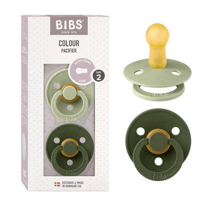 Picture of BIBS Colour Baby Pacifier 2-Pack | Made in Denmark | BPA Free Dummy Soother, Round Nipple. Natural Rubber Latex, Size 2 (6-18 Months), Sage/Hunter Green