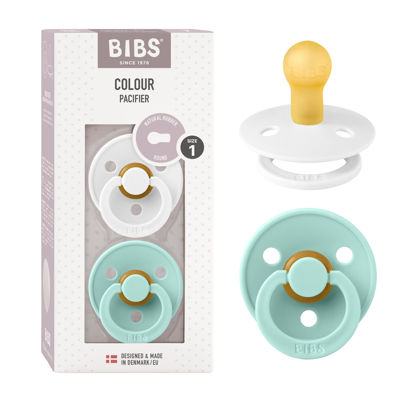 Picture of BIBS Colour Baby Pacifier 2-Pack | Made in Denmark | BPA Free Dummy Soother, Round Nipple. Natural Rubber Latex, Size 1 (0-6 Months), White/Mint