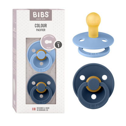 Picture of BIBS Colour Baby Pacifier 2-Pack | Made in Denmark | BPA Free Dummy Soother, Round Nipple. Natural Rubber Latex, Size 1 (0-6 Months), Sky Blue / Steel Blue