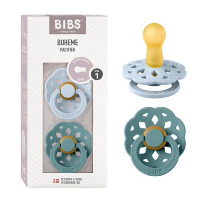 Picture of BIBS Boheme Soother 2-Pack. BPA Free Dummy Pacifier, Symmetrical Nipple. Natural Rubber Latex, Made in Denmark. 0-6 Months (Pack of 2), Baby Blue/Island Sea