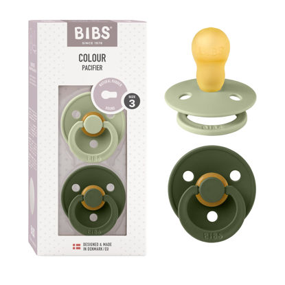 Picture of BIBS Colour Baby Pacifier 2-Pack | Made in Denmark | BPA Free Dummy Soother, Round Nipple. Natural Rubber Latex, Size 3 (18+ Months), Sage/Hunter Green