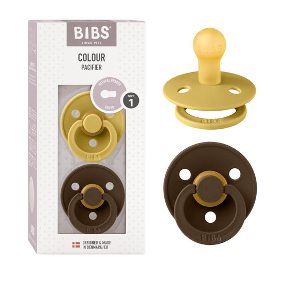 Picture of BIBS Colour Baby Pacifier 2-Pack | Made in Denmark | BPA Free Dummy Soother, Round Nipple. Natural Rubber Latex, Size 1 (0-6 Months), Mustard/Mocha