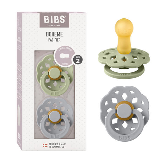 Picture of BIBS Pacifiers - Boheme Collection | BPA-Free Baby Pacifier | Made in Denmark | Set of 2 Sage/Cloud Color Premium Soothers | Size 6-18 Months