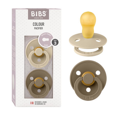 Picture of BIBS Colour Baby Pacifier 2-Pack | Made in Denmark | BPA Free Dummy Soother, Round Nipple. Natural Rubber Latex, Size 3 (18+ Months), Vanilla/Dark Oak