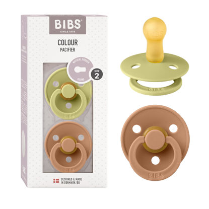 Picture of BIBS Colour Baby Pacifier 2-Pack | Made in Denmark | BPA Free Dummy Soother, Round Nipple. Natural Rubber Latex, Size 2 (6-18 Months), Meadow/Earth