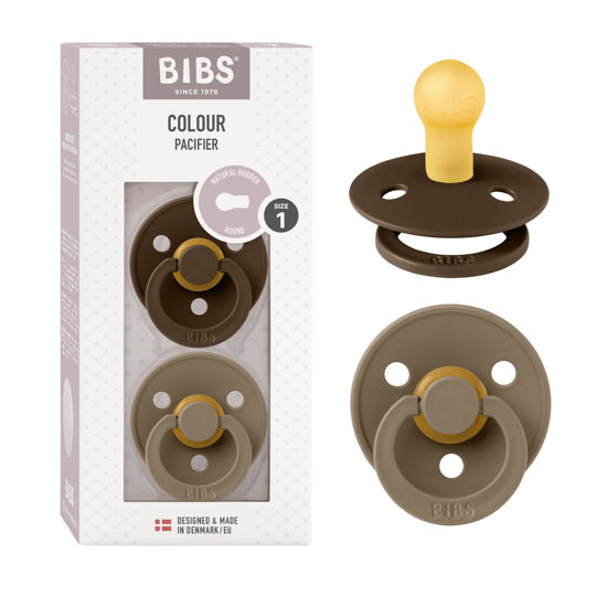 Picture of BIBS Colour Baby Pacifier 2-Pack | Made in Denmark | BPA Free Dummy Soother, Round Nipple. Natural Rubber Latex, Size 1 (0-6 Months), Mocha/Dark Oak