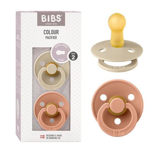 Picture of BIBS Colour Baby Pacifier 2-Pack | Made in Denmark | BPA Free Dummy Soother, Round Nipple. Natural Rubber Latex, Size 2 (6-18 Months), Vanilla/Peach