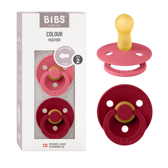 Picture of BIBS Pacifiers | Natural Rubber Baby Pacifier | Set of 2 BPA-Free Soothers | Made in Denmark | Coral/Ruby | Size 6-18 Months