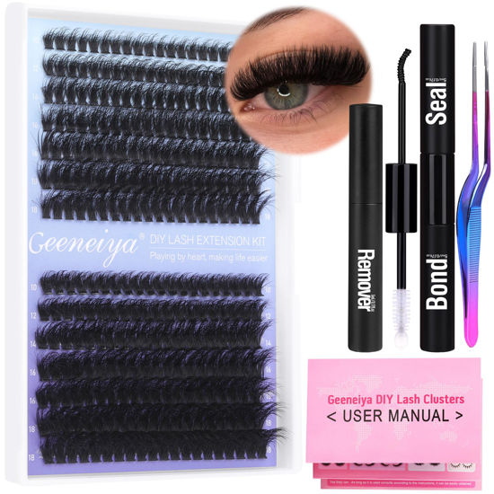 Picture of Geeneiya Fluffy Lash Extension Kit Cluster Eyelash Extension Kit Clusters Individual Lashes Kit with Lash Bond and Seal Glue, Lash Remover, Lash Applicator, User Manual for Beginners(60P+80P, 280Pcs)