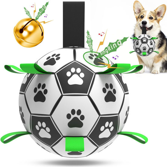 Picture of QDAN Dog Soccer Balls Toy with Bell Inside, Outdoor Interactive Dog Toys for Tug of War, Puppy Birthday Gifts, Dog Water Toy, Durable Ropes Squeaky Soccer Dog Ball for Small and Medium Dogs （6 INCH）