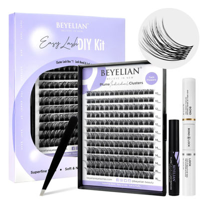 Picture of BEYELIAN DIY Lash Extension Kit with 168 Pcs D+ Cluster Lashes Kit Lash Clusters Lash Bond and Seal Lash Remover and Eyelash Applicator for Beginner DIY at Home (Style3, Clear Band)