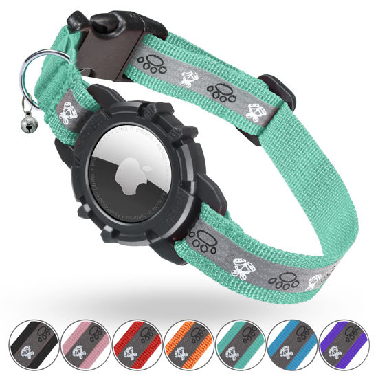 Picture of Reflective AirTag Cat Collar, Integrated Cat Tracker Collar with Air Tag Holder and Bell, Safety Elastic Band Cat GPS Collars for Girl Boy Cats, Kittens and Puppies (Green,S)