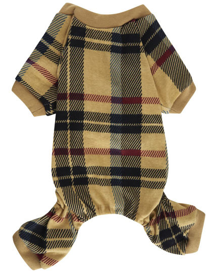 Picture of Beige Buffalo Plaid Christmas Clothes for Dogs Pajamas Onesie PJS, Back 23" XLarge