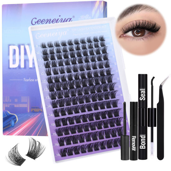 Picture of Geeneiya Mink Cluster Lashes Kit D Curl Lash Extension Kit 9-16mm Cluster Eyelash Extensions Kit Natural Individual Lashes with Waterproof Lash Bond and Seal, Lash Remover for Clusters,Tweezers(0.05D)