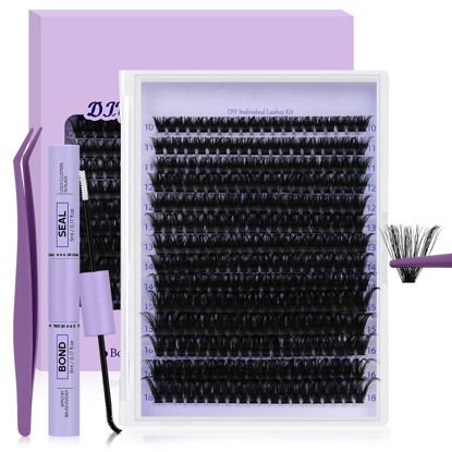 Picture of Lash Extension Kit 280Pcs Volume Individual Lashes Kit Superfine Individual Lashes 10-18mm Soft D Curl Lash Clusters Kit with Bond and Seal Lash Tweezers for Self Use （Kit，90D-10-18MIX）