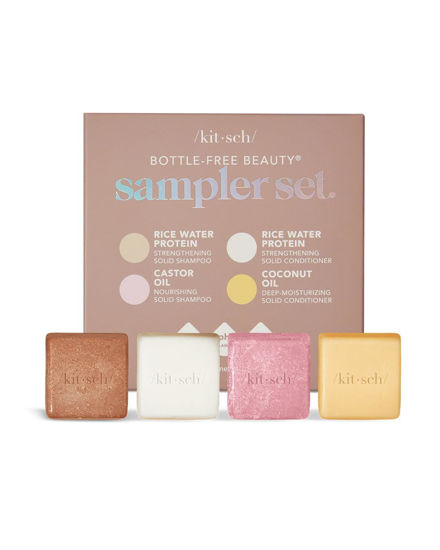 Picture of Kitsch 4pc Sampler Set - Rice Shampoo Bar, Growth Castor Oil Shampoo Bar, Coconut Oil Deep-Moisturizing Hair Conditioner Bar, Zero Waste