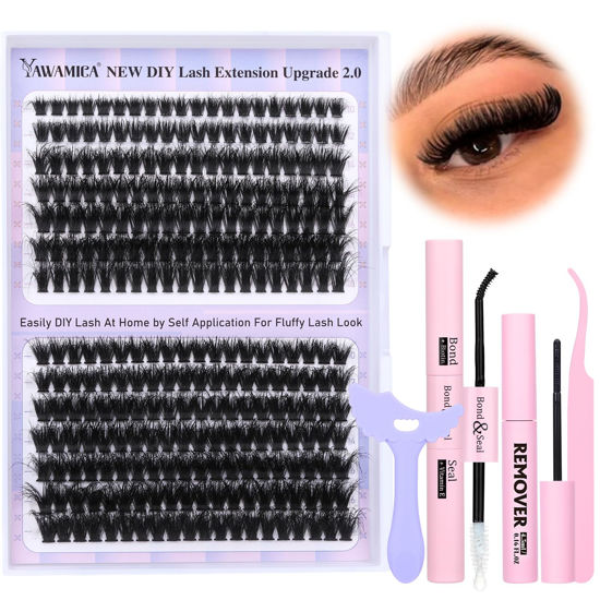 Picture of Fluffy Lash Clusters Kit Thick Volume Eyelash Extension Kit 280pcs Mink Individual Lashes 70D 80D Mix 10-18mm Lash Extension Kit with Bond and Seal Lash Remover and Lash Tools DIY Eyelash by Yawamica