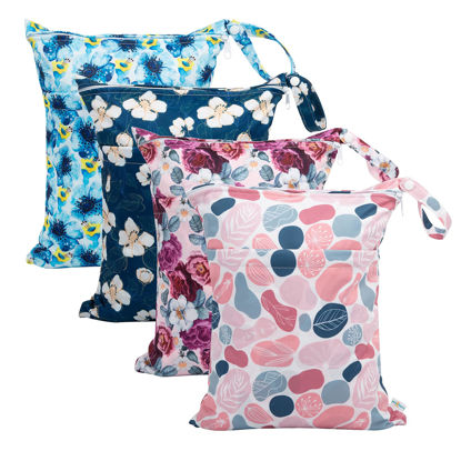 Picture of babygoal Wet Dry Bags for Baby Cloth Diapers, Washable Travel Bags, Beach, Pool, Gym Bag for Swimsuits & Wet Clothes with Two Zippered Pockets 4 Pack, 4LN14