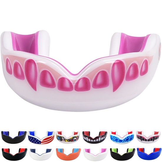 Picture of Oral Mart White/Pink Youth Vampire Fangs Mouth Guard for Kids - Youth Mouthguard for Karate, Football, Martial Arts, Taekwondo, Boxing, Rugby, BJJ, Muay Thai, Soccer, Hockey (with Free Case)