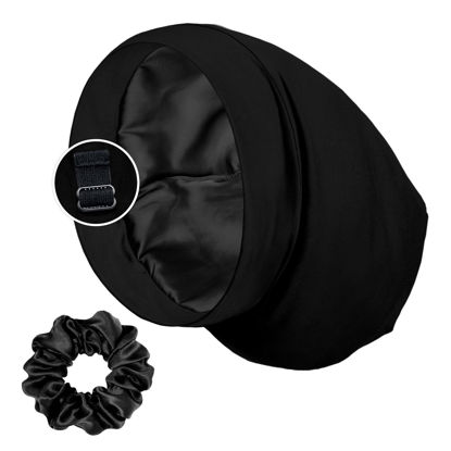 Picture of Satin Lined Sleep Cap and Scrunchie for Curly Hair and Braids, Stay On All Night Hair Wrap with Adjustable Strap for Women and Men, Black