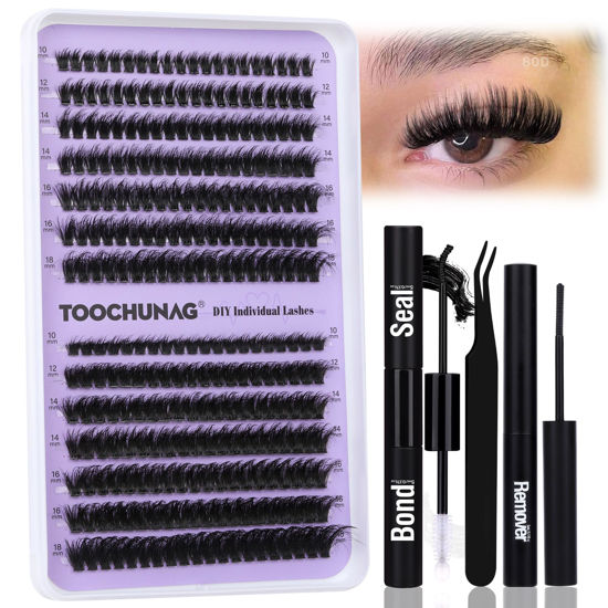 Picture of TOOCHUNAG Fluffy Clusters Lash Extension Kit Thick Eyelash Extension Kit 60D+80D Wispy Cluster Individual Lashes Kit with Lash Bond and Seal, Lash Remover, Eyelashes Tweezers (280Pcs,10-18mm)