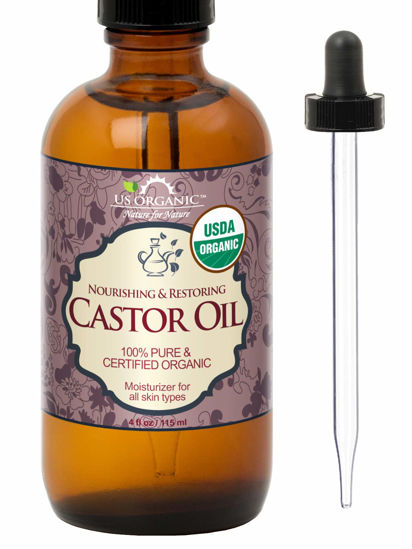 Picture of US Organic Castor Oil, USDA Certified Organic, Expeller Pressed, Hexane Free, Pure & Natural moisturizing and emollient properties, For Skin, Hair Care, Eyelashes, DIY projects (4 oz (115 ml))