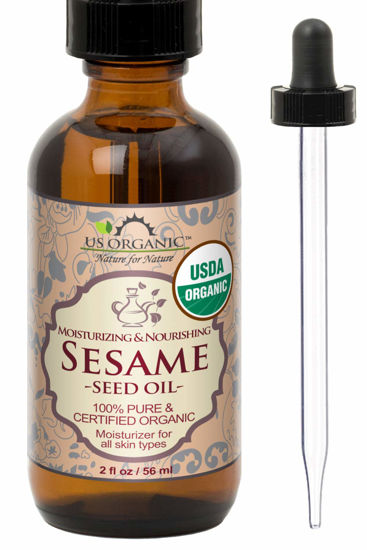 Picture of US Organic Sesame Seed Oil, Certified Organic, Untoasted, Unrefined Virgin, Pure & Natural, Cold Pressed, in Amber Glass Bottle w/Glass Eye dropper, Sourced from Mexico (2 oz (Small))