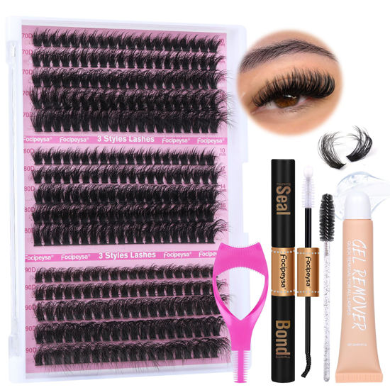 Picture of Fluffy Eyelash Extension Kit Thick Lash Extension Kit Lash Clusters Individual Eyelashes Kit with Lash Bond and Seal, Lash Remover, Mascara Shield DIY Eyelash Extension Kit for Beginner by Focipeysa