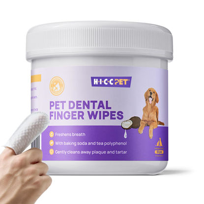 Picture of HICC PET Teeth Cleaning Wipes for Dogs & Cats, Remove Bad Breath by Removing Plaque and Tartar Buildup No-Rinse Dog Finger Toothbrush, Disposable Gentle Cleaning & Gum Care Pet Wipes, 50 Counts