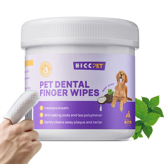 Picture of HICC PET Teeth Cleaning Wipes for Dogs & Cats, Remove Bad Breath by Removing Plaque and Tartar Buildup, Disposable Dog Finger Toothbrush Gentle Pet Dental Care Wipes, 50 Counts, (Mint Scent)