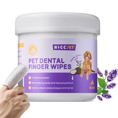 Picture of HICC Pet Teeth Cleaning Wipes for Dogs & Cats, Remove Bad Breath by Removing Plaque and Tartar Buildup, Disposable Dog Finger Toothbrush Gentle Pet Dental Care Wipes, 50 Counts, (Mentha Spicata Scent)