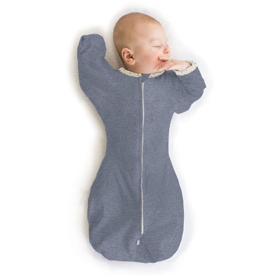 Picture of SwaddleDesigns Transitional Swaddle Sack with Arms Up Half-Length Sleeves and Mitten Cuffs, Small, 0-3 Months, 6-14 lbs, Heathered Denim (Arms Up Swaddle, Transition Swaddle Sleep Sack)