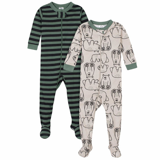 Picture of Gerber Baby Boys' 2-Pack Footed Pajamas, Bear Green Stripes White, 2T