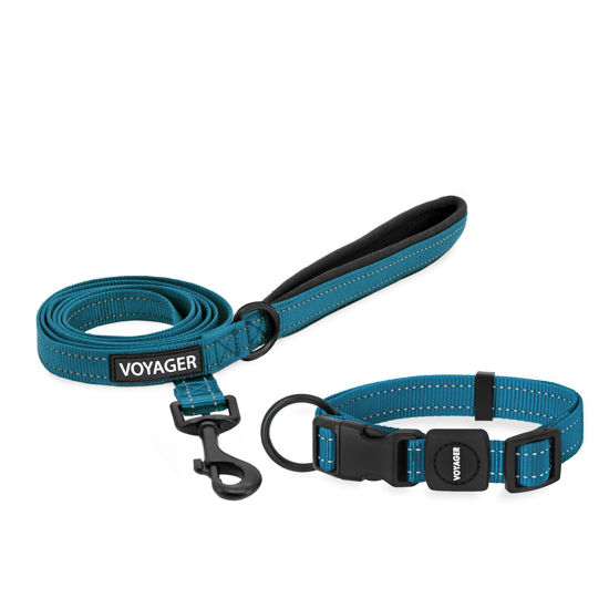 Picture of Voyager Reflective Dog Leash Collar Set with Neoprene Handle Supports Small, Medium, and Large Breed Puppies, Cute and Heavy Duty for Walking, Running, and Training - Turquoise, S