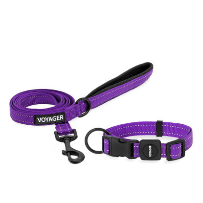 Picture of Voyager Reflective Dog Leash Collar Set with Neoprene Handle Supports Small, Medium, and Large Breed Puppies, Cute and Heavy Duty for Walking, Running, and Training - Purple, S