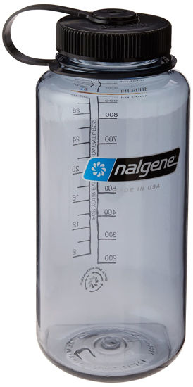 Picture of Nalgene Sustain Tritan BPA-Free Water Bottle Made with Material Derived From 50% Plastic Waste, 32 OZ, Wide Mouth, Gray w/ Black Lid