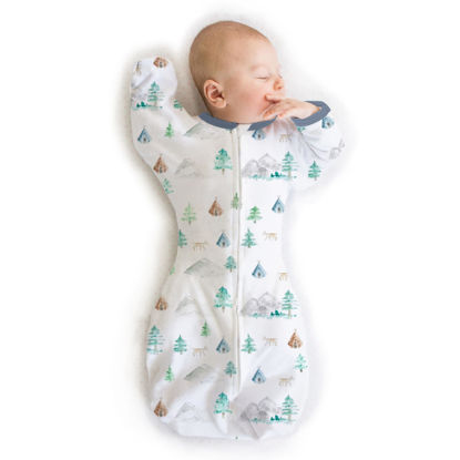 Picture of SwaddleDesigns Transitional Swaddle Sack with Arms Up Half-Length Sleeves and Mitten Cuffs, Small, 0-3 Months, 6-14 lbs, Watercolor Mountains & Trees (Arms Up Swaddle, Transition Swaddle Sleep Sack)