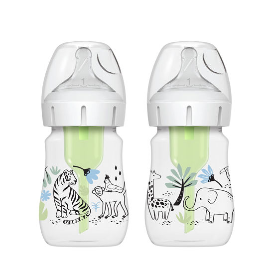 Picture of Dr. Brown’s Natural Flow® Anti-Colic Options+™ Wide-Neck Baby Bottle Designer Edition Bottles, Jungle Decos, 5 oz/150 mL, Level 1 Nipple, 2-Pack, 0m+